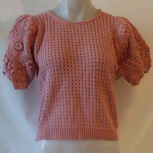 NWT Womens Stella Pardo Paris "Greta" Pink Crochet Short Sleeve Sweater XS